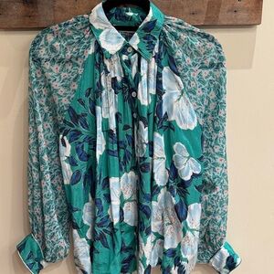 Floral Green, Blue and White Blouse